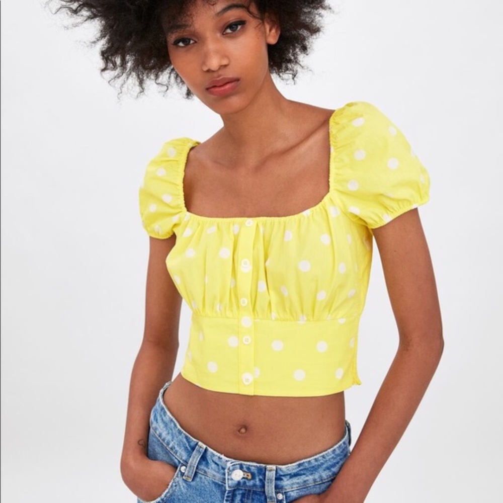 Zara Yellow Polka Dot Poplin Top